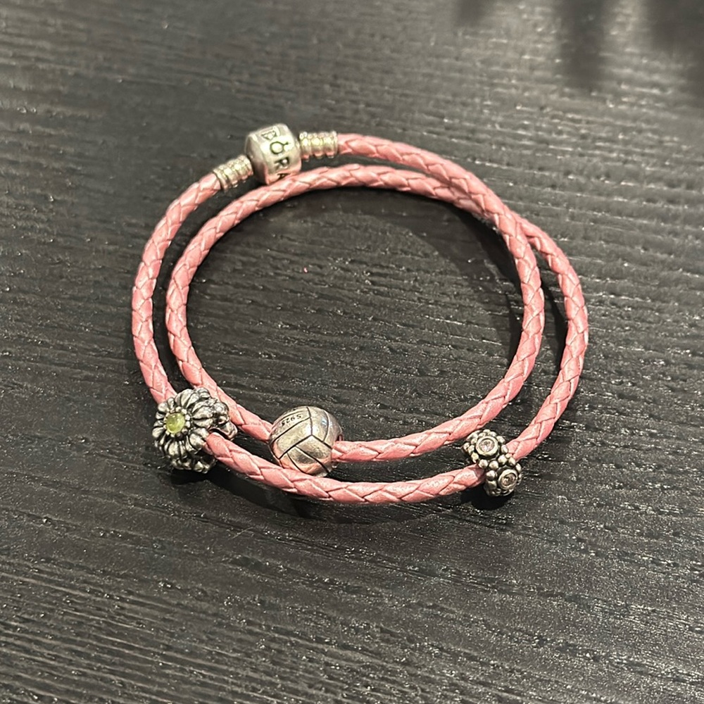 Pandora Pink Woven Leather Double Wrap Bracelet, plus authentic pandora charms.